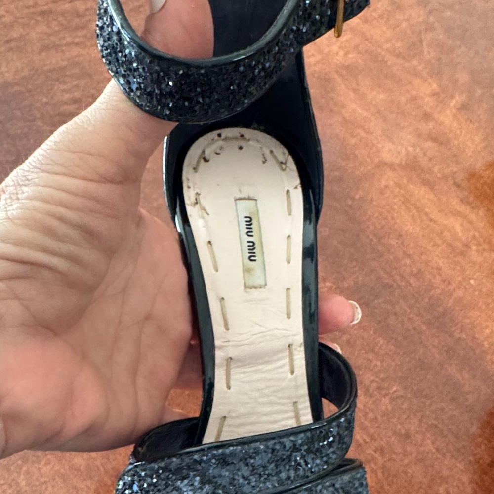 Miu Miu Navy Blue Glitter Platform Ankle-Strap Sandals - Picture 7 of 13